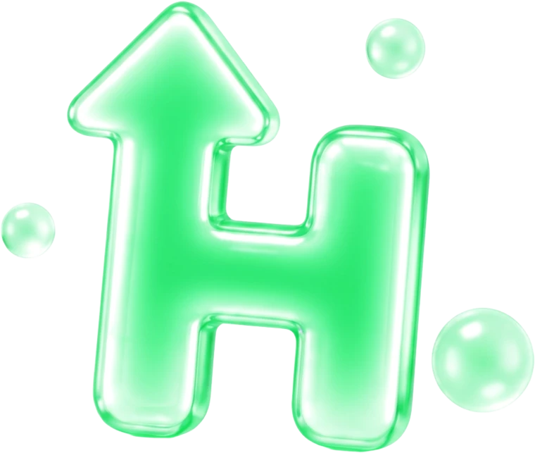 The HIGHER logo: a glossy green H with an arrow pointing up